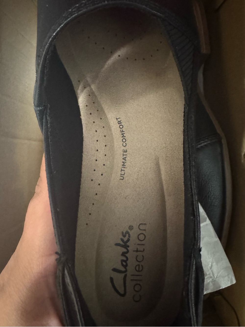 Clarks Black Slip-On Loafers with Low Tan Heel - Picture 6 of 6